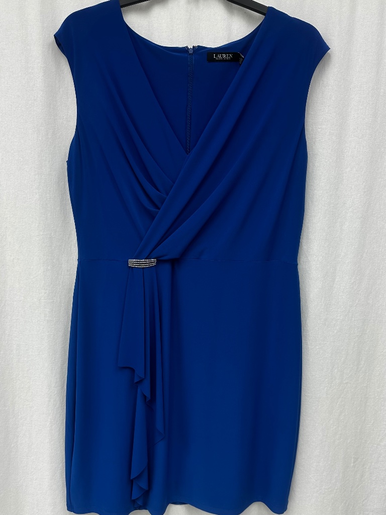 Lauren Ralph Lauren Blue Sheath Dress Size 18 Nwt Faux Wrap Rhinestone Detail